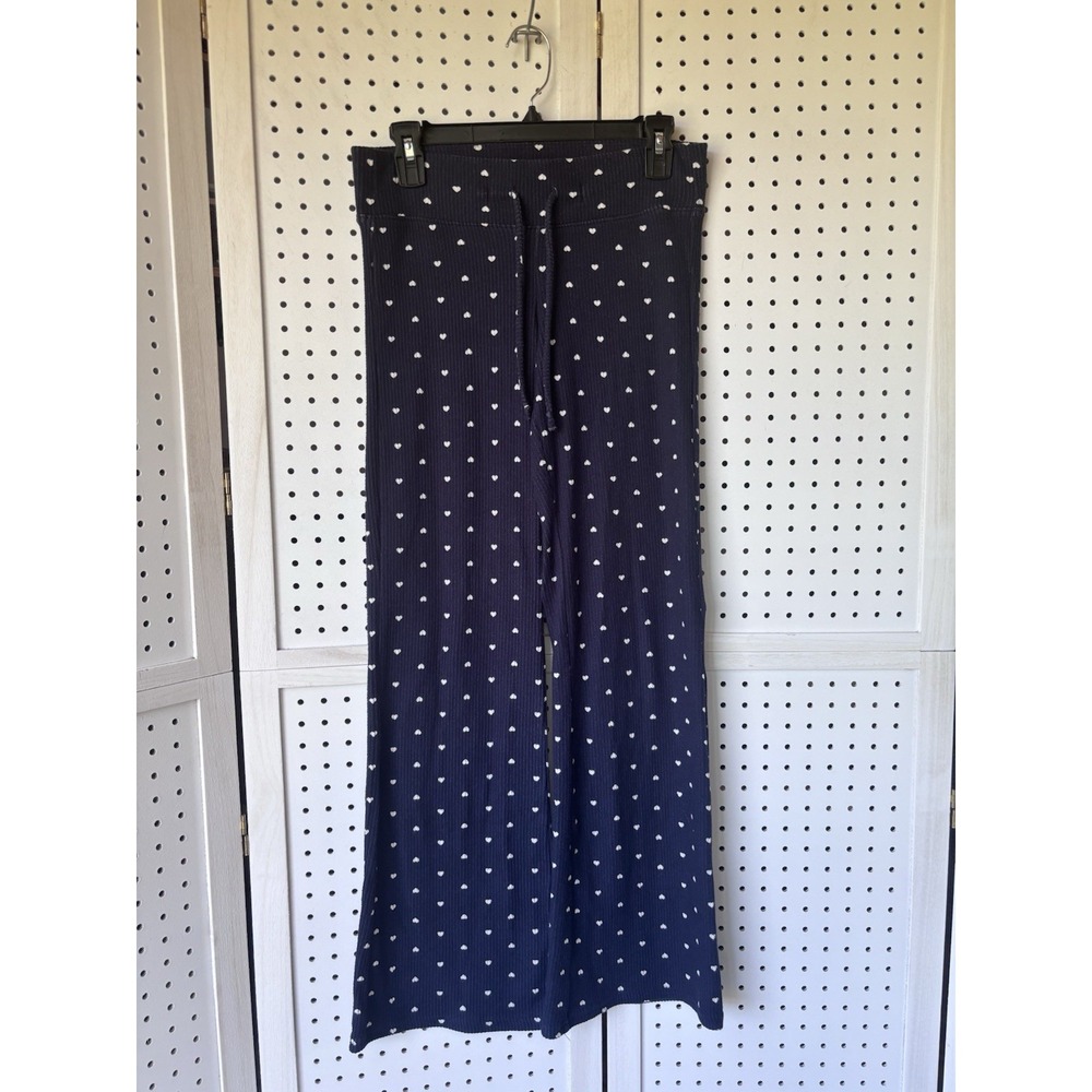 Hollister Sleep Lounge Pants Wide Leg Women's S Navy Blue w/Hearts Soft Ribbed